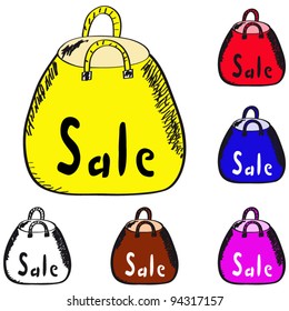 Yellow, red, blue and transparent shopping bag discount on a white background.