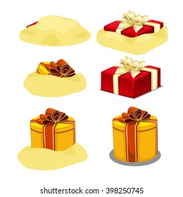 Yellow and red boxes tied with ribbon with a gift came up from under the sand. Vector illustration.