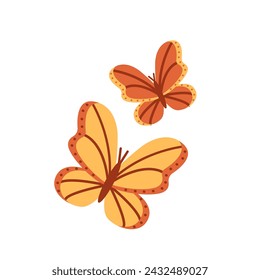 Yellow and red butterflies isolated on white background. Beautiful flying insects