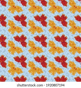 Yellow and red butterflies seamless vector pattern on light blue. Surface print design for fabrics, stationery, scrapbook paper, gift wrap, textiles, backgrounds, and summertime packaging.
