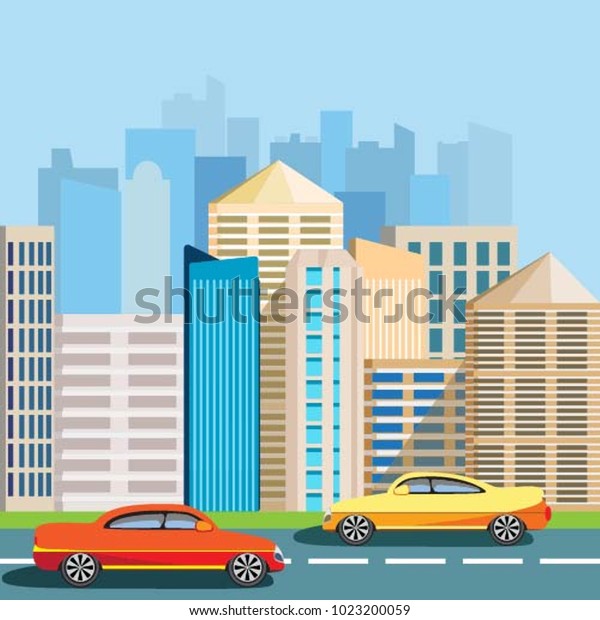 Yellow and\
red cars on the road. city with skyscrapers. Buildings under the\
sun and blue sky. Vector\
illustration\
\
