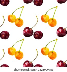 Yellow and red cherry berries seamless in low poly style, on a white background. Rattern