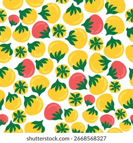 tomates cereja amarela e vermelha padrão sem costura. Tomates vermelhos e amarelos desenhados à mão vetor simples padrão sem emenda. Bom para tecido, têxtil, decoração, arte, azulejos, imprimível, produtos e muito mais. 