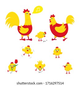 Yellow and red chicken with broken egg, nest, set of chicks and a rooster cock flat style design vector illustration. Chicken farming poultry symbol signs. Domestic bird isolated on white background.