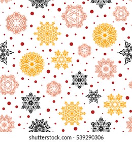 Yellow and red Christmas frame with abstract snowflakes and dots on white background. Vector illustration.