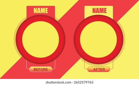 Modelo circular amarelo e vermelho antes e depois do moldura de foto com espaços reservados para nomes, para design de mídias sociais.