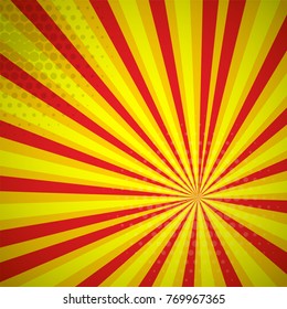 Yellow red circus colored Pop-Art style blue comics book background, Lichtenstein popart. Pop art comic strip backdrop sunlight, sun ray space. Funny halftone dotted template. Vector illustration.