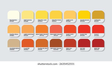 Yellow and Red Color Palette, Orange and Yellow Color Guide Palette with Color Names. Catalog Samples of Red and Yellow with RGB HEX codes and Names. Paint, sunrise and sunset Fashion Trend Colors