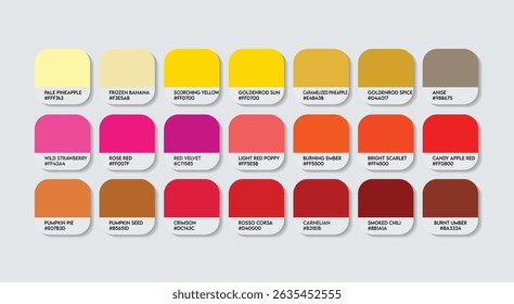 Paleta de cores amarelo e vermelho, paleta de guia de cores laranja e amarelo com nomes de cores. Catálogo de Amostras de Vermelho e Amarelo com códigos e Nomes RGB HEX. Pintura, nascer e pôr do sol Moda Tendência Cores