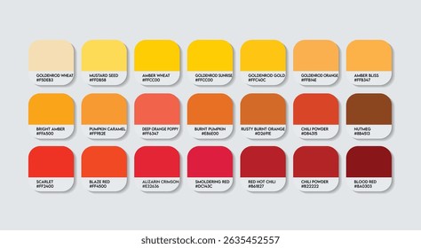Paleta de cores amarelo e vermelho, paleta de guia de cores laranja e amarelo com nomes de cores. Catálogo de Amostras de Vermelho e Amarelo com códigos e Nomes RGB HEX. Pintura, nascer e pôr do sol Moda Tendência Cores