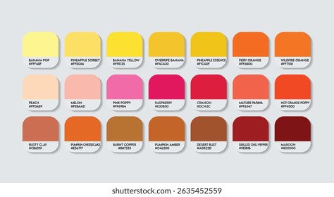 Paleta de cores amarelo e vermelho, paleta de guia de cores laranja e amarelo com nomes de cores. Catálogo de Amostras de Vermelho e Amarelo com códigos e Nomes RGB HEX. Pintura, nascer e pôr do sol Moda Tendência Cores