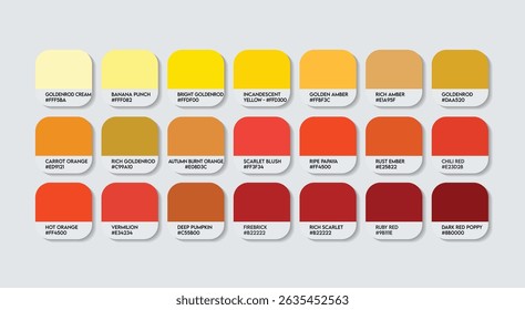 Yellow and Red Color Palette, Orange and Yellow Color Guide Palette with Color Names. Catalog Samples of Red and Yellow with RGB HEX codes and Names. Paint, sunrise and sunset Fashion Trend Colors