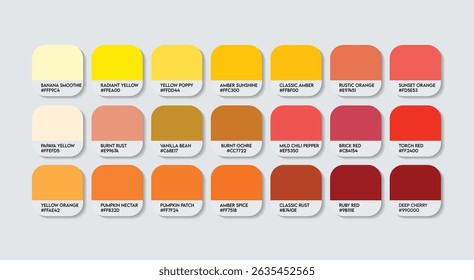 Yellow and Red Color Palette, Orange and Yellow Color Guide Palette with Color Names. Catalog Samples of Red and Yellow with RGB HEX codes and Names. Paint, sunrise and sunset Fashion Trend Colors