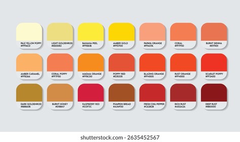 Paleta de cores amarelo e vermelho, paleta de guia de cores laranja e amarelo com nomes de cores. Catálogo de Amostras de Vermelho e Amarelo com códigos e Nomes RGB HEX. Pintura, nascer e pôr do sol Moda Tendência Cores