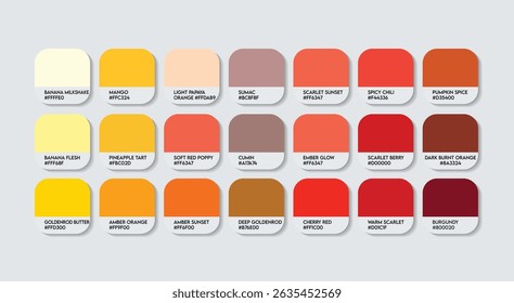 Paleta de cores amarelo e vermelho, paleta de guia de cores laranja e amarelo com nomes de cores. Catálogo de Amostras de Vermelho e Amarelo com códigos e Nomes RGB HEX. Pintura, nascer e pôr do sol Moda Tendência Cores