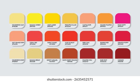 Yellow and Red Color Palette, Orange and Yellow Color Guide Palette with Color Names. Catalog Samples of Red and Yellow with RGB HEX codes and Names. Paint, sunrise and sunset Fashion Trend Colors