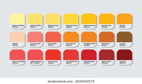 Paleta de cores amarelo e vermelho, paleta de guia de cores laranja e amarelo com nomes de cores. Catálogo de Amostras de Vermelho e Amarelo com códigos e Nomes RGB HEX. Pintura, nascer e pôr do sol Moda Tendência Cores