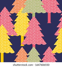 Yellow and red color pine tree vector seamless pattern on dark background for wallpaper, wrapping and textile. Modern colorful plant endless fabric. New Year decoration repeat texture.