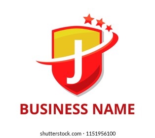 yellow and red color shield get slice into half logo graphic design with modern clean style for protection or security company with initial type letter j on it