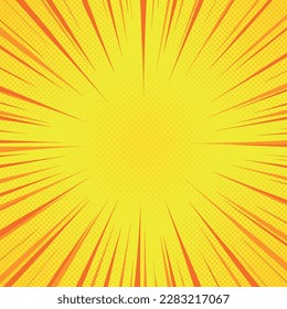Yellow and red comics rays background with halftones. Vector backdrop illustration.