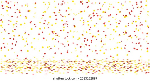 Yellow and red confetti rain on white background	