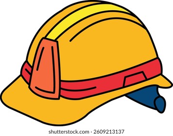 A yellow and red construction helmet. The helmet is yellow and red with a black visor. The helmet is a cartoon drawing of a construction worker's helmet