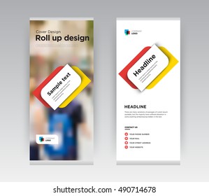 Yellow and red Creative Abstract Shapes Business exhibition Roll Up Banner Stand brochure flyer flat design template with new trend concept. Cover presentation. Corporate identity Layout. Stock vector