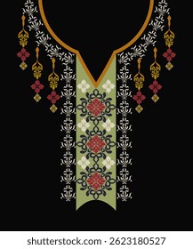 Yellow and red damask floral necklace with ethnic embroidery on a black background. Vector illustration. Design for neck border, shirt, and women's blouse.