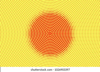 Yellow red dotted halftone. Centered circle dotted gradient. Half tone vector background. Artificial texture. Red dots on yellow backdrop. Vivid pop art design template. Glitch halftone texture