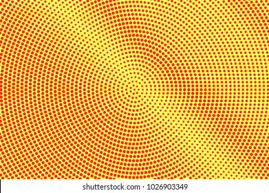 Yellow red dotted halftone. Contrast radial dotted gradient. Half tone vector background. Artificial texture. Red dots on yellow backdrop. Vivid pop art design template. Glitch halftone texture