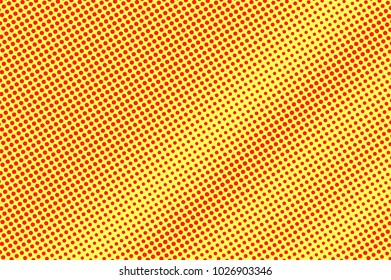 Yellow red dotted halftone. Diagonal dotted gradient. Half tone vector background. Artificial texture. Red dots on yellow backdrop. Vivid pop art design template. Glitch halftone texture