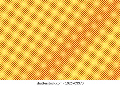 Yellow red dotted halftone. Diagonal subtle dotted gradient. Half tone vector background. Artificial texture. Red dots on yellow backdrop. Vivid pop art design template. Glitch halftone texturee 
