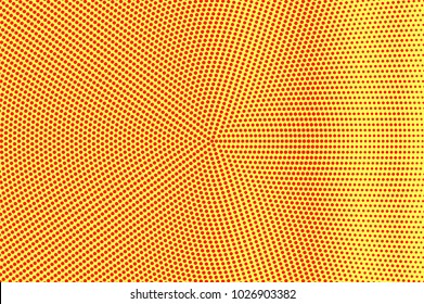 Yellow red dotted halftone. Frequent centered dotted gradient. Half tone vector background. Artificial texture. Red dots on yellow backdrop. Vivid pop art design template. Glitch halftone texture