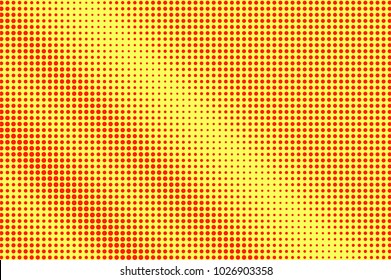 Yellow red dotted halftone. Regular contr dotted gradient. Half tone vector background. Artificial texture. Red dots on yellow backdrop. Vivid pop art design template. Glitch halftone texture