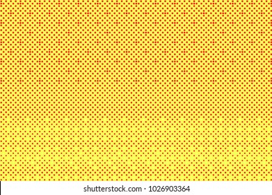 Yellow red dotted halftone. Regular textured dotted gradient. Half tone vector background. Artificial texture. Red dots on yellow backdrop. Vivid pop art design template. Glitch halftone texture