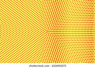 Yellow red dotted halftone. Rough centered dotted gradient. Half tone vector background. Artificial texture. Red dots on yellow backdrop. Vivid pop art design template. Glitch halftone texture