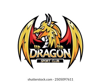 Yellow And Red Dragon Emblem For A Sports Team Or Club. Fierce Dragon With Outspread Wings Features Strong Colors