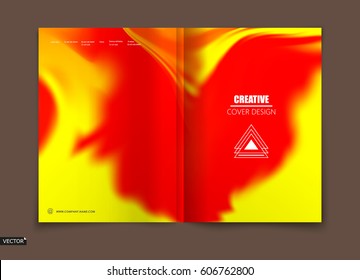 Yellow, red  elegant design for brochure cover, info banner, title sheet. Modern vector front page art with sky clouds theme. Creative azure fire figure. Fancy composition for flyer or ad text font