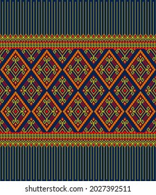 Yellow Red Ethnic or Tribal Seamless Pattern on Blue Background in Symmetry Rhombus Geometric Bohemian Style for Clothing or Apparel,Embroidery,Fabric,Package Design