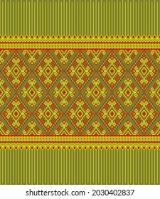 Yellow Red Ethnic or Tribal Seamless Pattern on Green Background in Symmetry Rhombus Geometric Bohemian Style for Clothing or Apparel,Embroidery,Fabric,Package Design