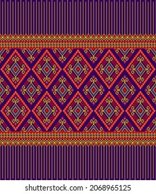 Yellow Red Ethnic or Tribal Seamless Pattern on Purple Background in Symmetry Rhombus Geometric Bohemian Style for Clothing or Apparel,Embroidery,Fabric,Package Design