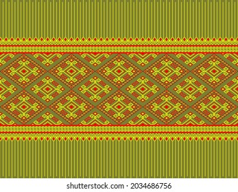 Yellow Red Ethnic or Tribe Seamless Pattern on Green Background in Symmetry Rhombus Geometric Bohemian Style for Clothing or Apparel,Embroidery,Fabric,Package Design