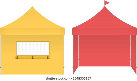 Barracas de cabine amarelas e vermelhas com janela de exibição e ilustração de vetor de bandeira para eventos de mercado e ao ar livre