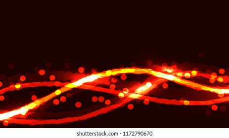 Yellow red fire abstract abstract digital high-tech magic cosmic energy bright light-shining texture background of neon blurred lines of waves of strips with bokeh effect and copy space. Vector.