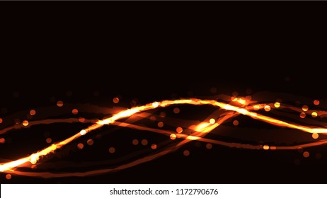 Yellow red fire abstract abstract digital high-tech magic cosmic energy bright light-shining texture background of neon blurred lines of waves of strips with bokeh effect and copy space. Vector.