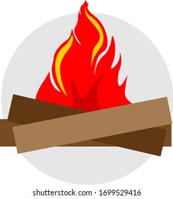 A yellow and red fire is burning and there is wood from a tree