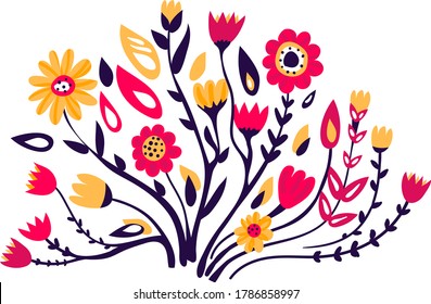 Yellow and red flower, spring blossom grow up isolated on white, cartoon vector illustration. Two fall floret, pick gift plants. Female different flower, green leaf on peduncle stem.