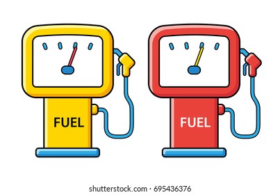 Yellow and red fuel pump isolated, gas or petrol filling station vector icons.