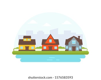 Yellow, red and gray cottages against the background of the silhouette of the city. Vector illustration.