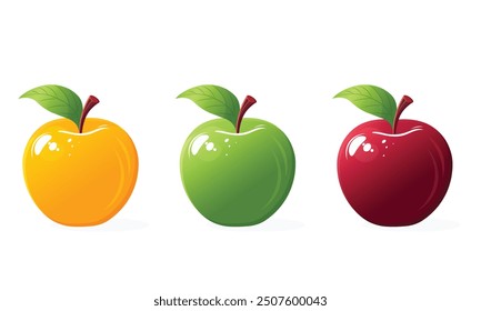 Yellow red green apple set isolated on white background vector